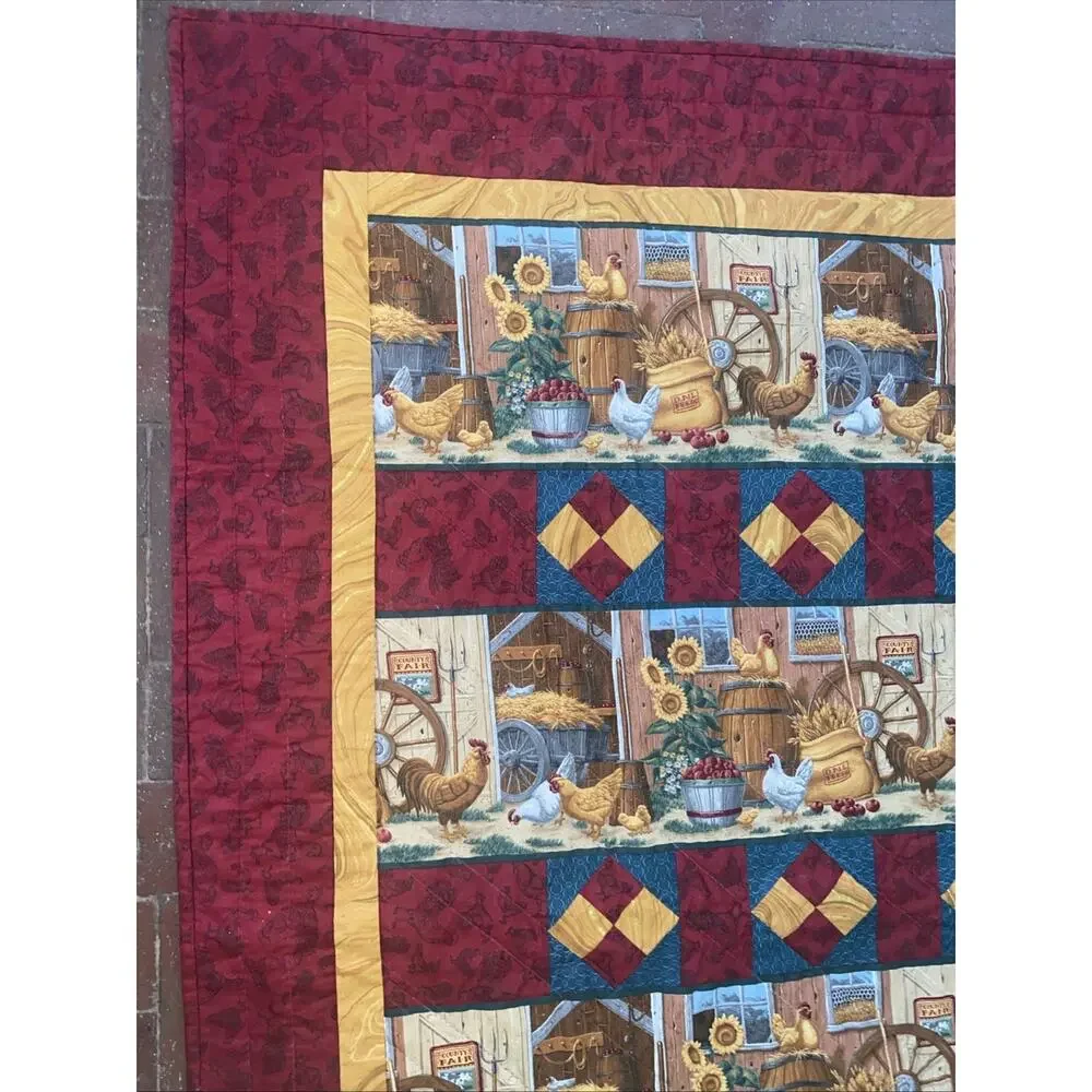 Handmade Chicken Farm Quilt Red Gold Teal Country Blanket Throw 60”x 58”
